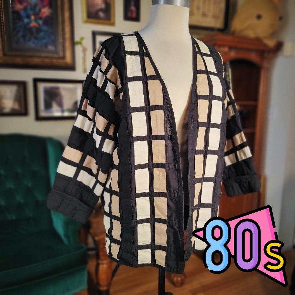 Unisex Black White Kimono Vintage 80s YAK MAGIK Geometric Pattern Jacket Small